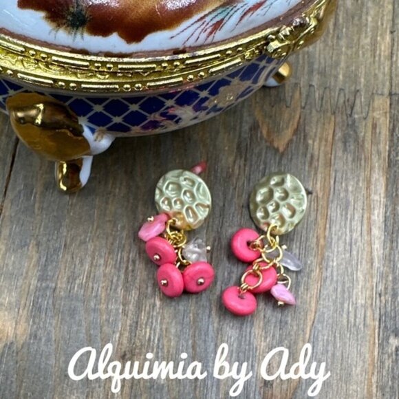 Natural coral red turquoise gold  cluster  charm earrings - Picture 1 of 1